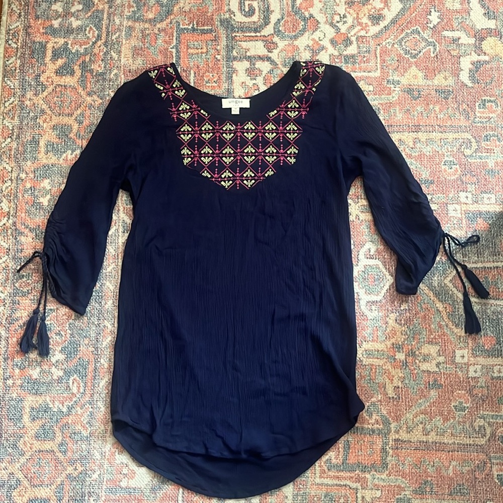 UMGEE Embroidered Geometric Print Boho Prairie Gauze Top Sz M